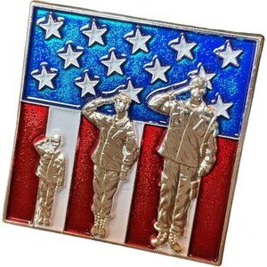 Saluting Soldiers American Flag Enamel Pin Square Patriotic Collectible #2